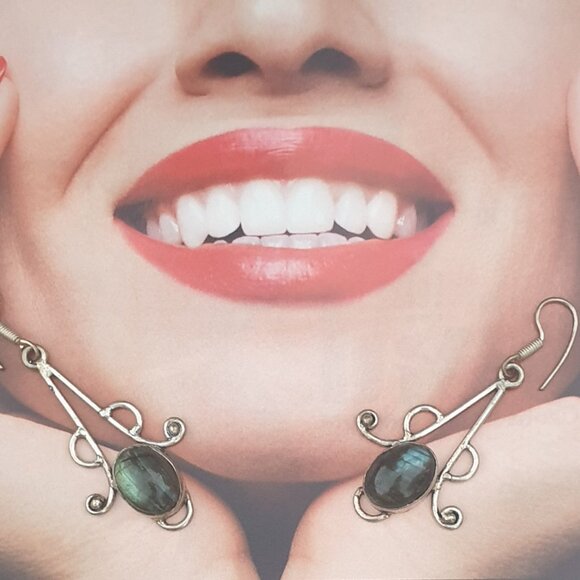 Green Tigers Eye Indian Silver Dangle Earrings Women Bohemian Women Jewelry - Picture 3 of 4